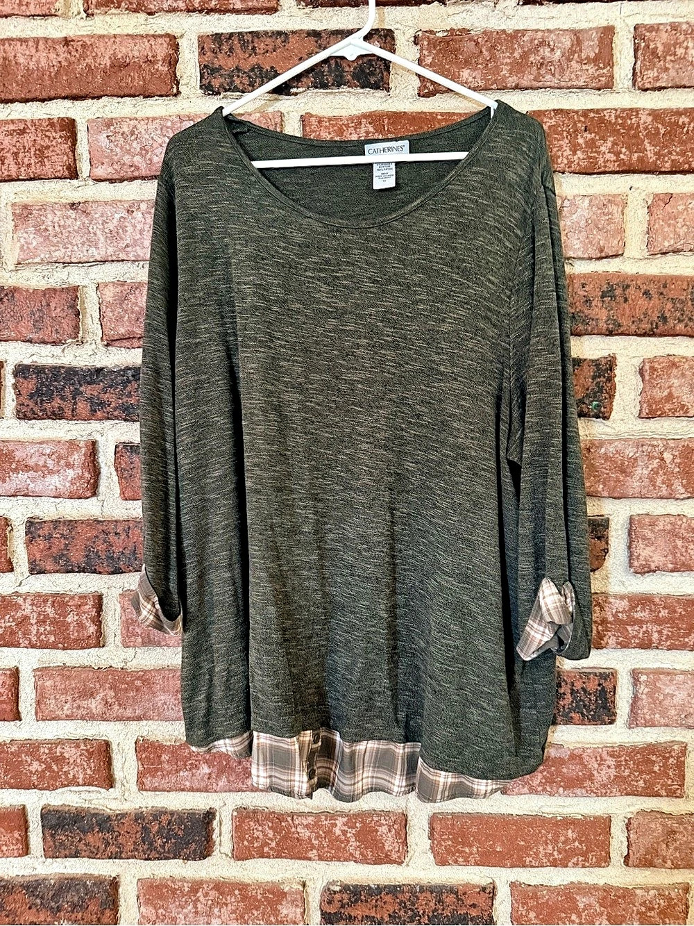 Catherines Plaid Trim Tunic in Green & Brown, Medium
